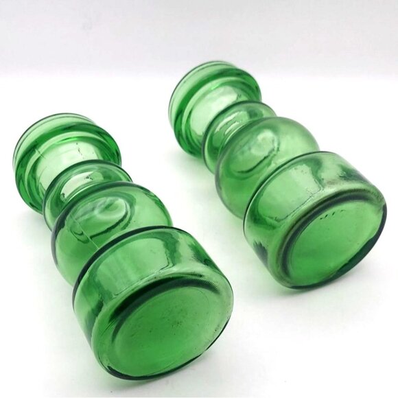 Vintage MCM Italian Green Pressed Glass Candle Holders Vases Signed Set Of 2 - Picture 3 of 9